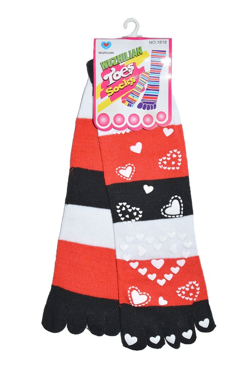 Весели памучни чорапи с пръсти и силиконови стопери като забавни картинки Magibel, 1818, черен, червен, бял, сърца, one size