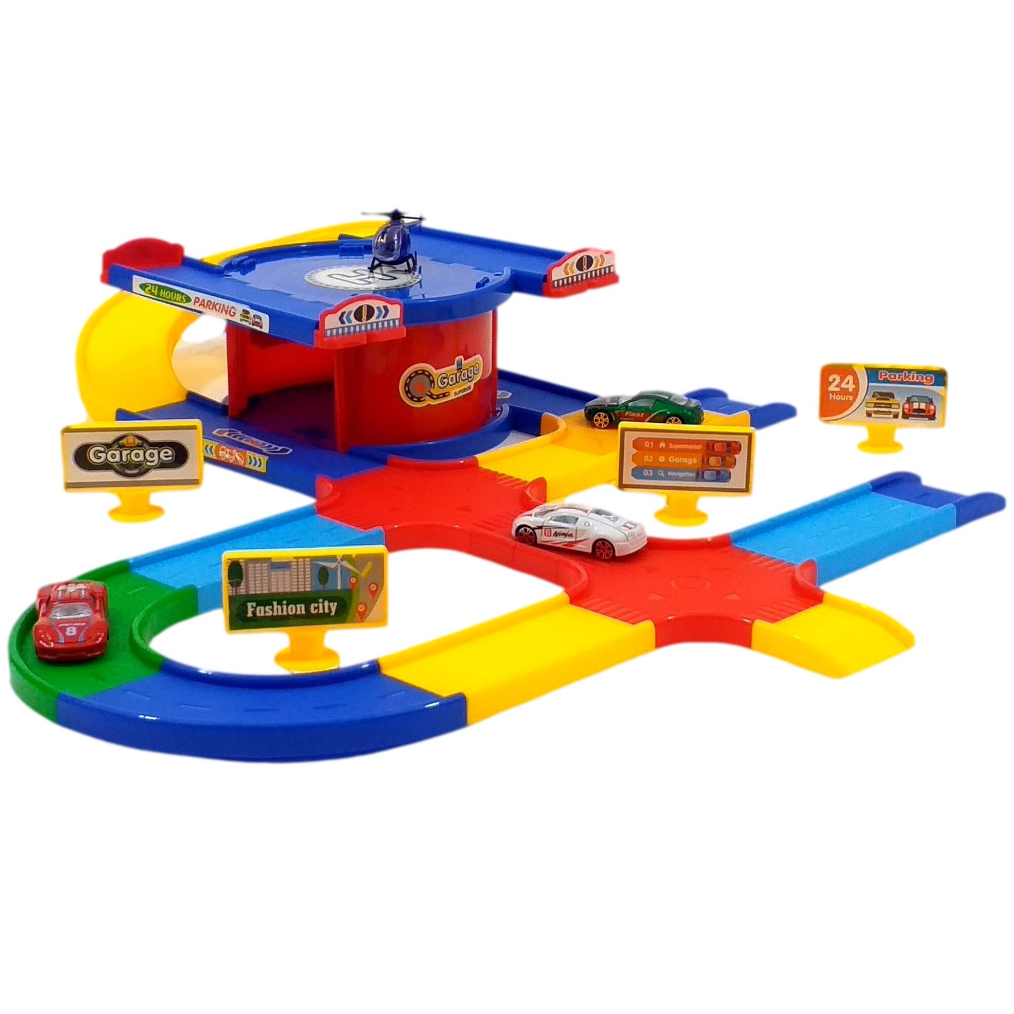 Set,Diy, Pista Masini Cu 1Elicopter, 3 Masinute, Garaj si Semne de Circulatie, Multicolor
