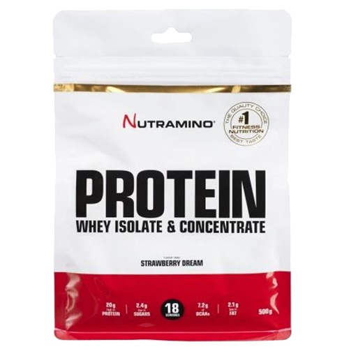 Supliment nutritiv Nutramino Whey Protein isolate & concentrate BCAA inclus, aroma capsuni, 500g