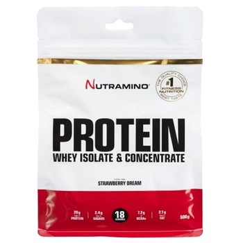 Supliment nutritiv Nutramino Whey Protein isolate & concentrate BCAA inclus, aroma capsuni, 500g Supliment nutritiv Nutramino Whey Protein isolate & concentrate BCAA inclus, aroma capsuni, 500g