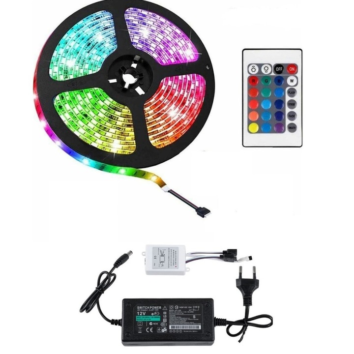 Kit Banda LED RGB 5050 60 led/m 5 metri IP20+Telecomanda 24 taste cu IR+Transformator 12V 6А