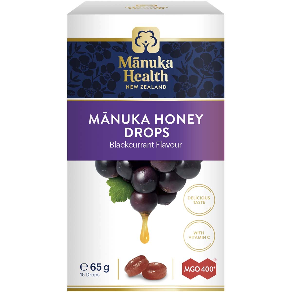 Bomboane cu miere de Manuka MGO 400+ Manuka Health, aroma de coacaze, 65g