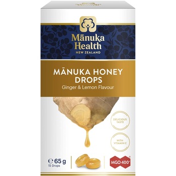 Bomboane cu miere de Manuka MGO 400+ Manuka Health, aroma de ghimbir si lamaie, 65g Bomboane cu miere de Manuka MGO 400+ Manuka Health, aroma de ghimbir si lamaie, 65g