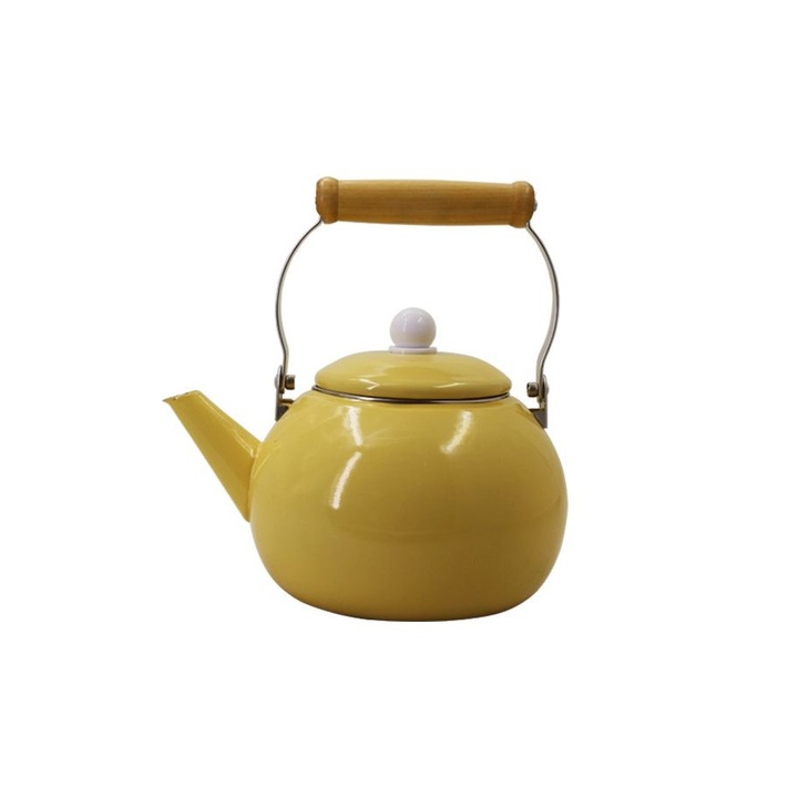 Чайник от висококачествена карбонова стомана с покритие емайл, Елеком ЕК-2500N, дървена дръжка, 2.5 Л, жълт