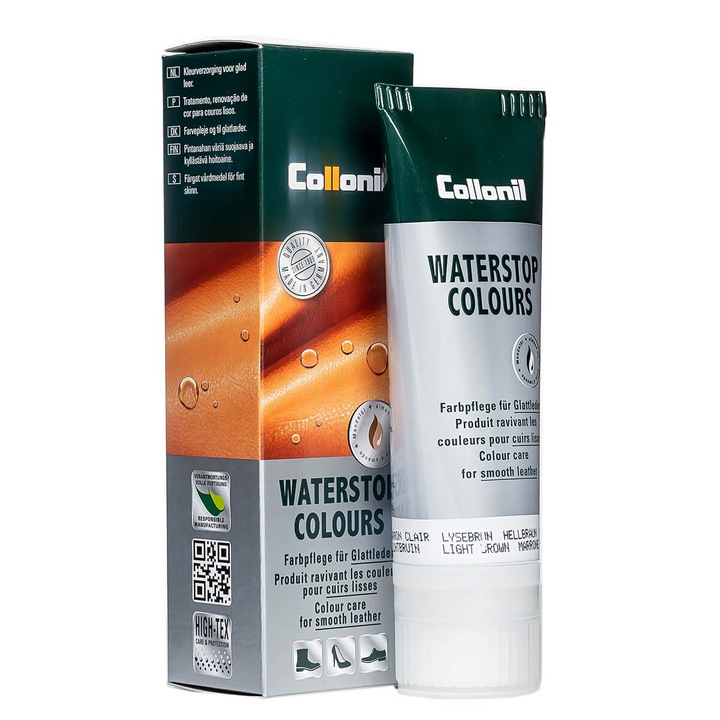 Crema de pantofi cu ulei de migdale Collonil Waterstop Colours, 75 ml, maro deschis