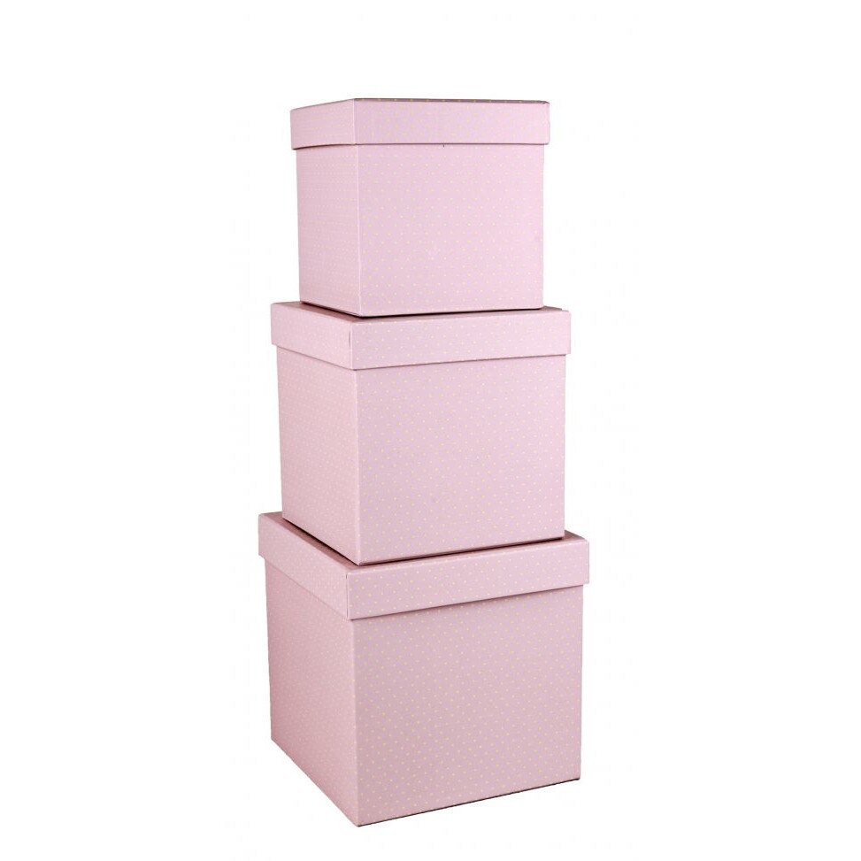 Set 3 cutii patrate, roz cu buline, 16x16 cm