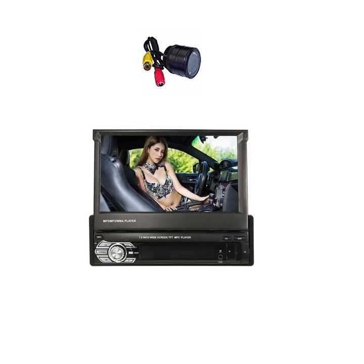 Set Radio Mp5 Video Player Auto Multimedia 1DIN cu camera incastrabila, Ecran Retractabil 7inch Telecomana si mirror