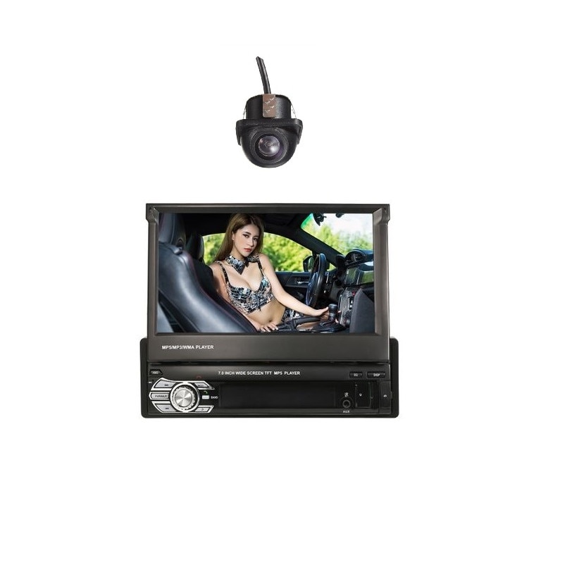 Set Radio Mp5 Video Player Auto Multimedia 1DIN cu camera incastrabila Dome, Ecran Retractabil 7inch Telecomana si mirror