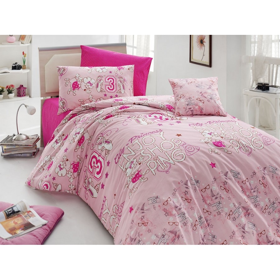 Lenjerie de pat 1 persoana, bumbac 100% ranforce, 4 piese, Nazenin Home, SWEET