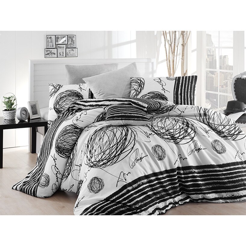 Lenjerie pat dublu bumbac 100% ranforce, 4 piese, Nazenin Home, Blacky