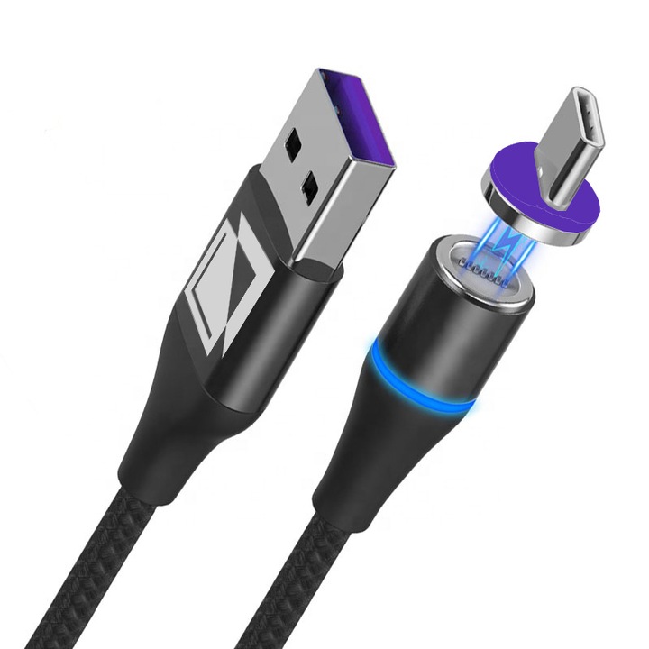 Cablu de incarcare si transfer de date magnetic USB-C, TIENTEN, Super Charging, conector USB-C, pentru Huawei, 5V, 5A, 1m, Negru