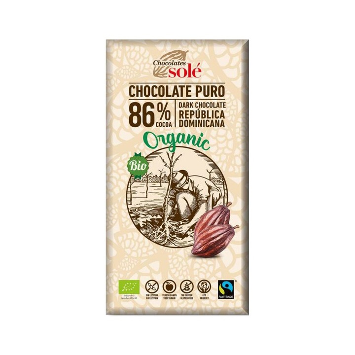 Ciocolata neagra BIO 86% cacao, Chocolates Sole 100g