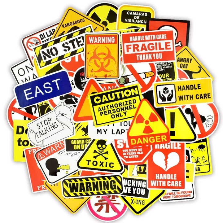 Set Stickere / Abtibilduri 50 bucati Waterproof "Stop Talking" Semne / Indicatoare / Danger / Fragile / Warning Signs