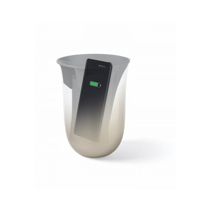 Statie de incarcare telefoane wireless 2 in 1 Lexon, Oblio, cu functie de sterilizare si igienizare a telefonului , lumina UV anti-bacteriana, tehnologie avansata ionizare, tehnologie Qi, design minimalist, auriu
