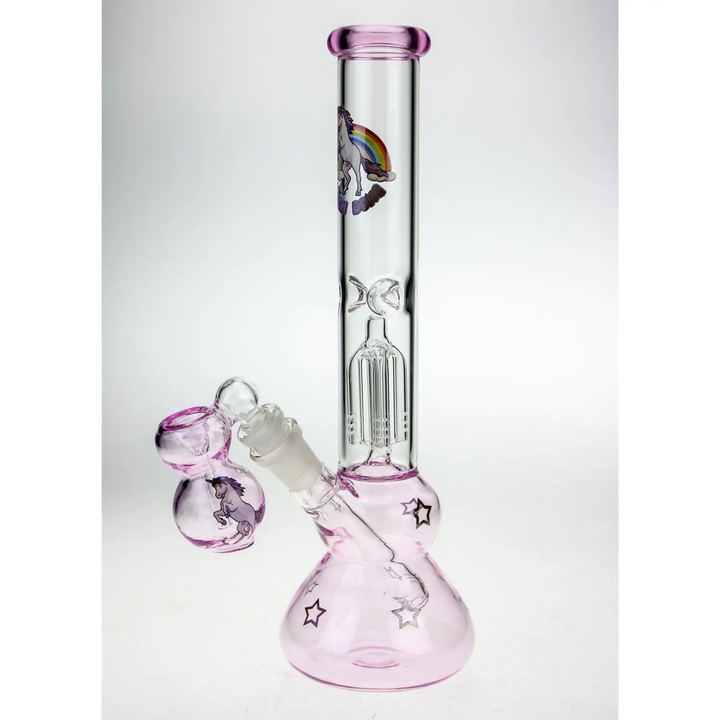 Set bong Black Leaf Bitch Bong + Pipa shotgun + Bol plante + Bol cu pre-racitor, roz-transparent, inaltime 300 mm