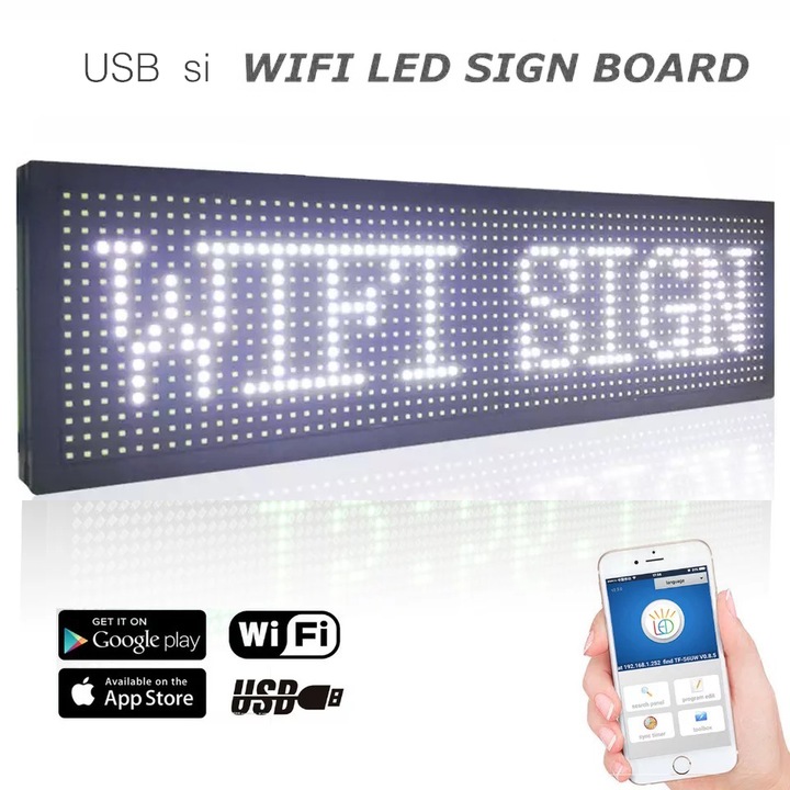 LED светлинна реклама, персонализиран текстов дисплей WIFI и USB връзка с компютърни телефони, за закрито, 20*68 см, бял