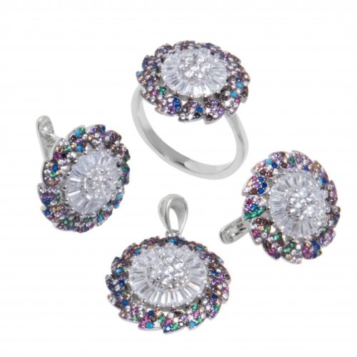 Set bijuterii din argint, placat cu rodiu alb, zirconii multicolore, model floral, circumferinta 57 mm, SAG12
