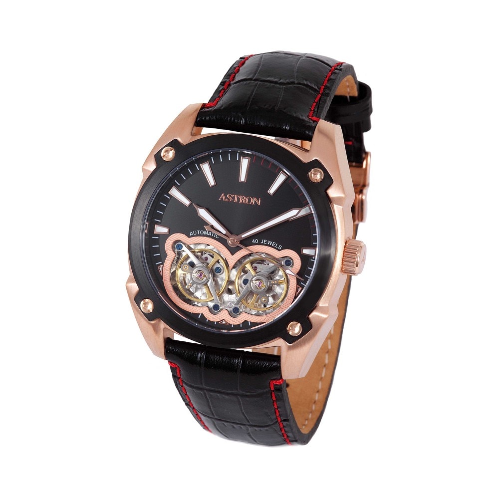 Ceas barbatesc, ASTRON, Analog, Casual, Automatic, Negru, Rosegold, Inox, curea din Piele naturala, dimensiune carcasa 4.4 cm