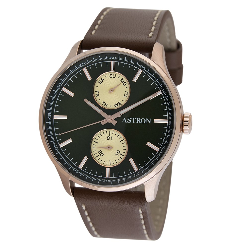 Ceas barbatesc, ASTRON, Analog, Casual, Quartz, Verde, Rosegold, Inox, curea din Piele naturala, dimensiune carcasa 4.2 cm