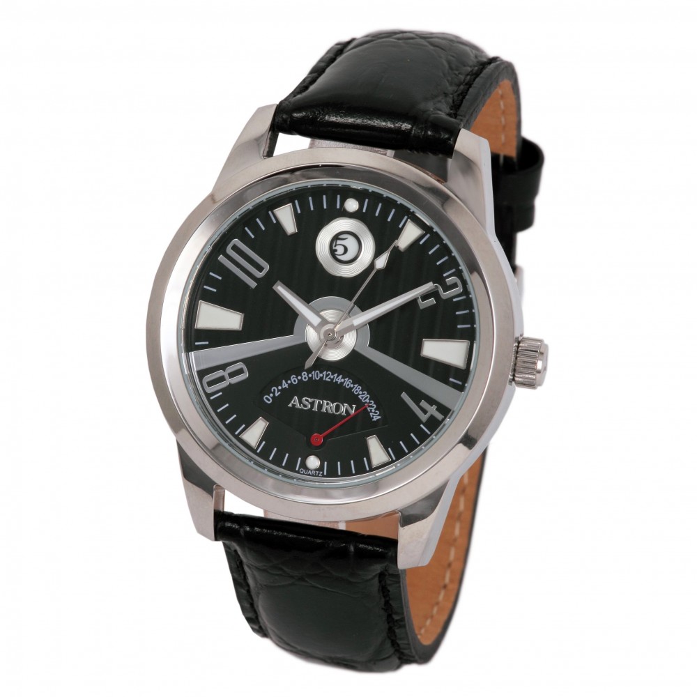 Ceas barbatesc, ASTRON, Analog, Casual, Quartz, Negru, Argintiu, Inox, curea din Piele naturala,Rotunda, dimensiune carcasa 4.4 cm