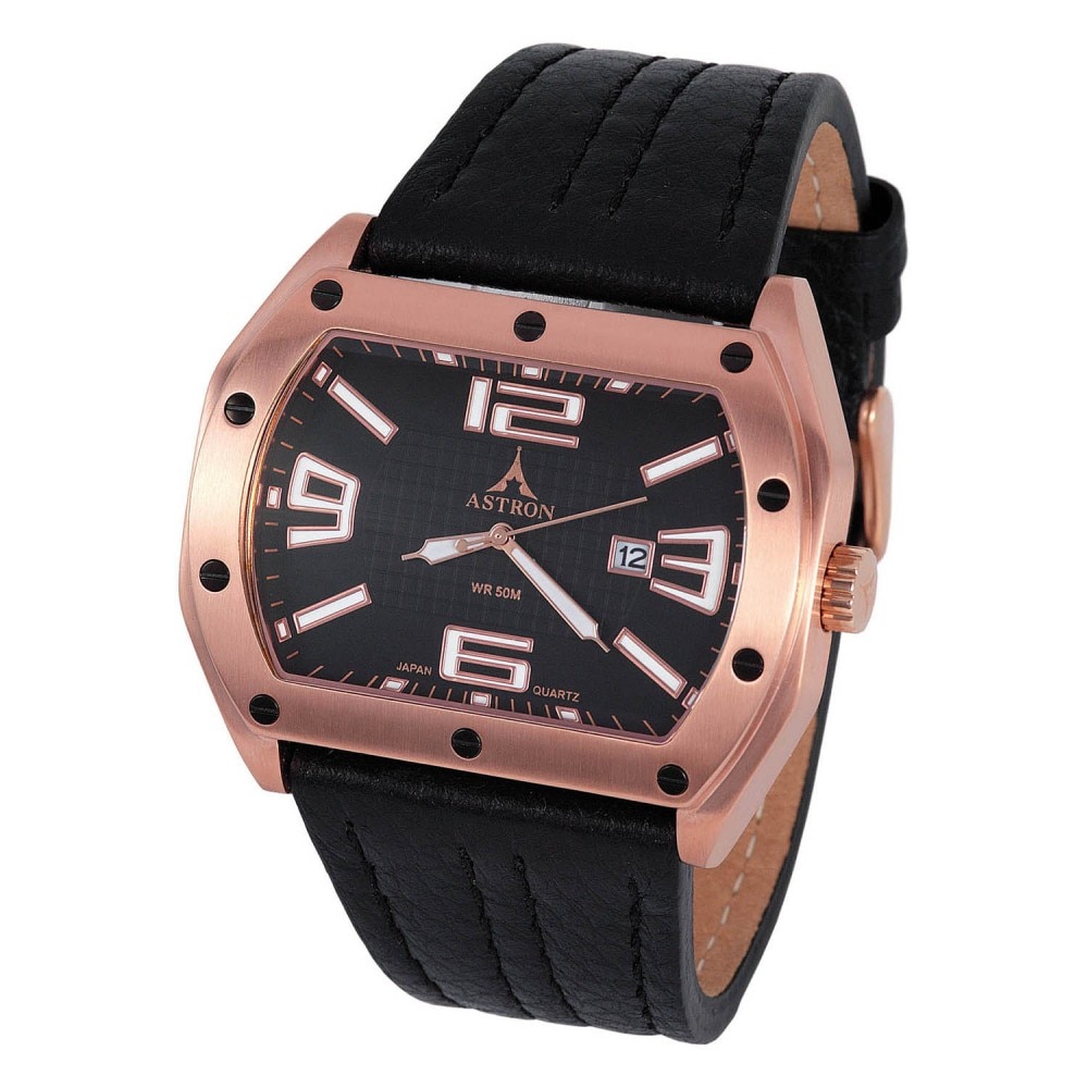 Ceas barbatesc, ASTRON, Analog, Casual, Quartz, Negru, Rosegold, Inox, curea din Piele naturala, dimensiune carcasa 5 cm