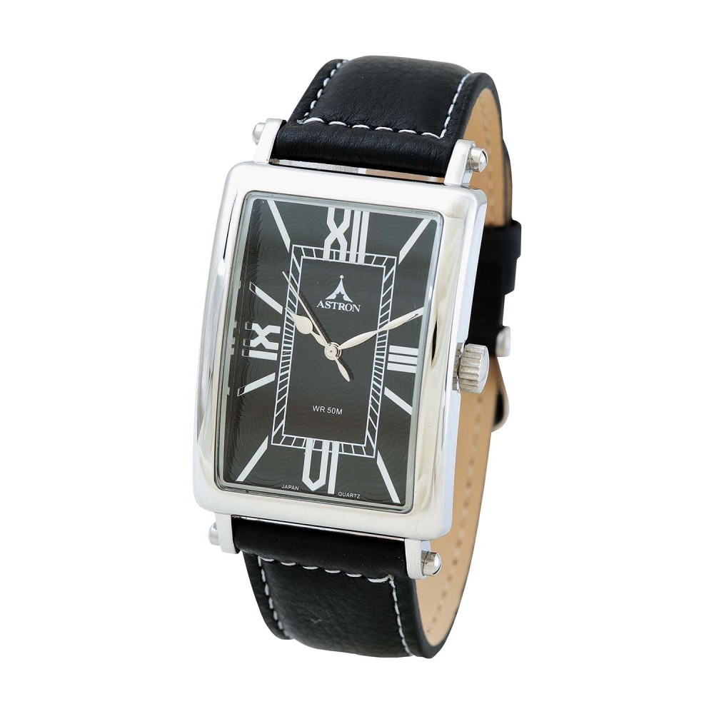 Ceas barbatesc, ASTRON, Analog, Casual, Quartz, Negru, Argintiu, Inox, curea din Piele naturala, dimensiune carcasa 4.2 cm