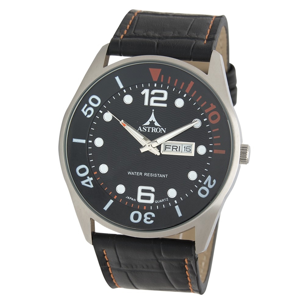 Ceas barbatesc, ASTRON, Analog, Casual, Quartz, Negru, Argintiu, Inox, curea din Piele naturala,Rotunda, dimensiune carcasa 4.5 cm
