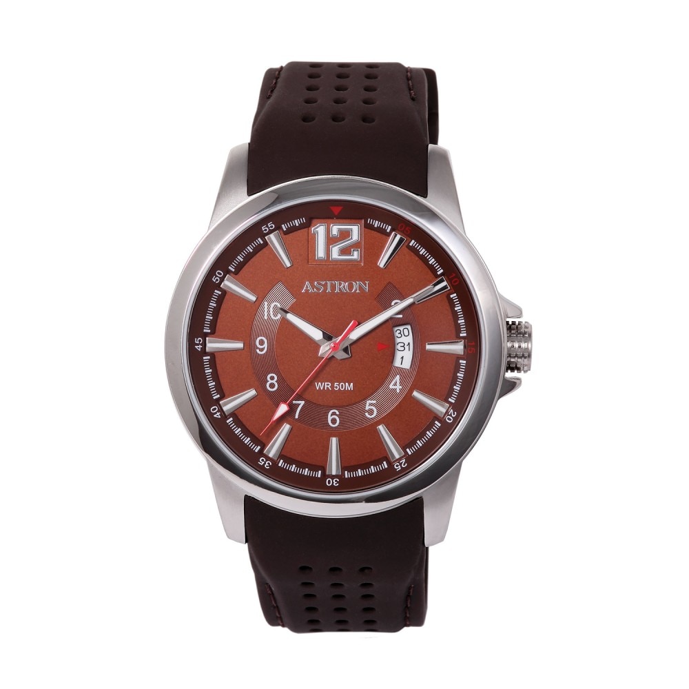 Ceas barbatesc, ASTRON, Analog, Casual, Quartz, Maro, Argintiu, Inox, curea din Silicon, dimensiune carcasa 4.7 cm