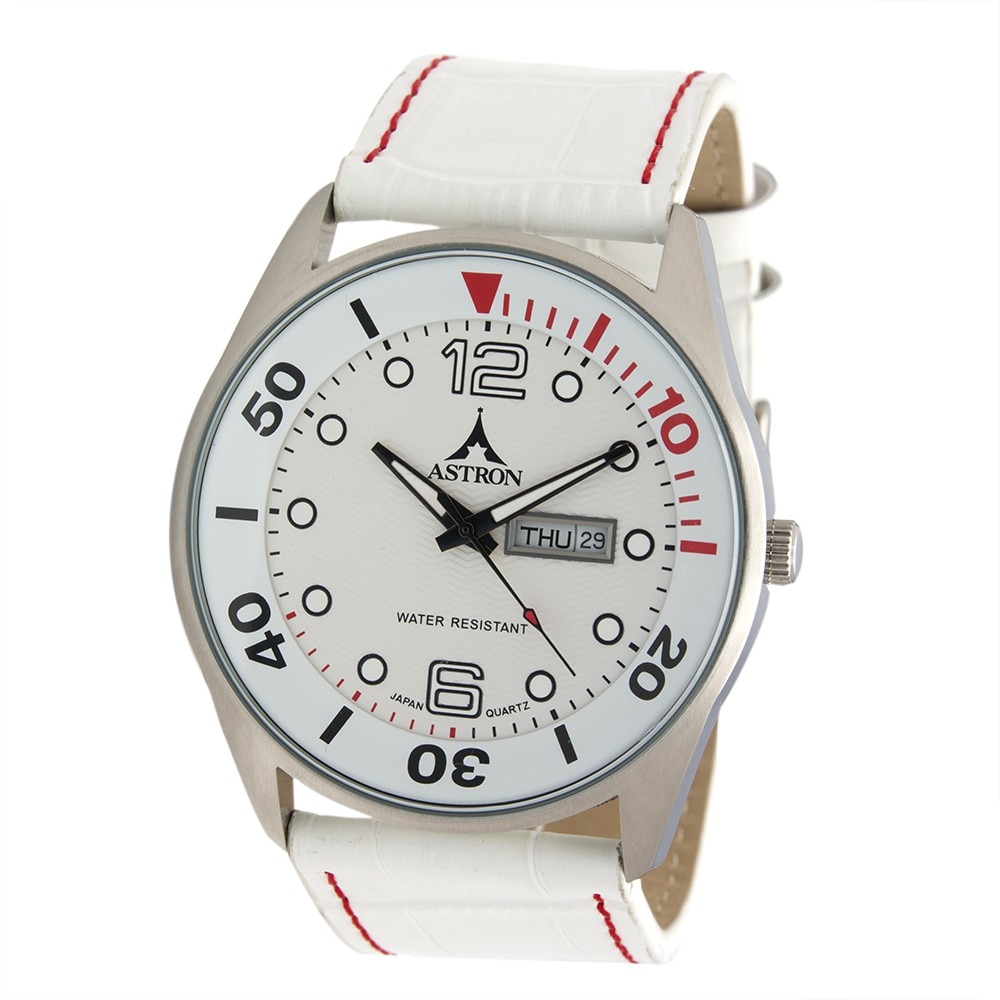 Ceas barbatesc, ASTRON, Analog, Casual, Quartz, Alb, Argintiu, Inox, curea din Piele naturala,Rotunda, dimensiune carcasa 4.5 cm