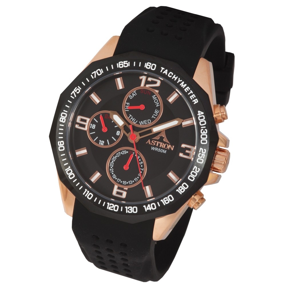 Ceas barbatesc, ASTRON, Analog, Casual, Quartz, Negru, Rosegold, Inox, curea din Silicon, dimensiune carcasa 4.7 cm
