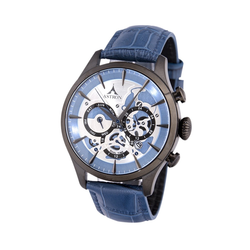 Ceas barbatesc, ASTRON, Analog, Casual, Quartz, Albastru, Gunmetal, Inox, curea din Piele naturala, dimensiune carcasa 4.6 cm