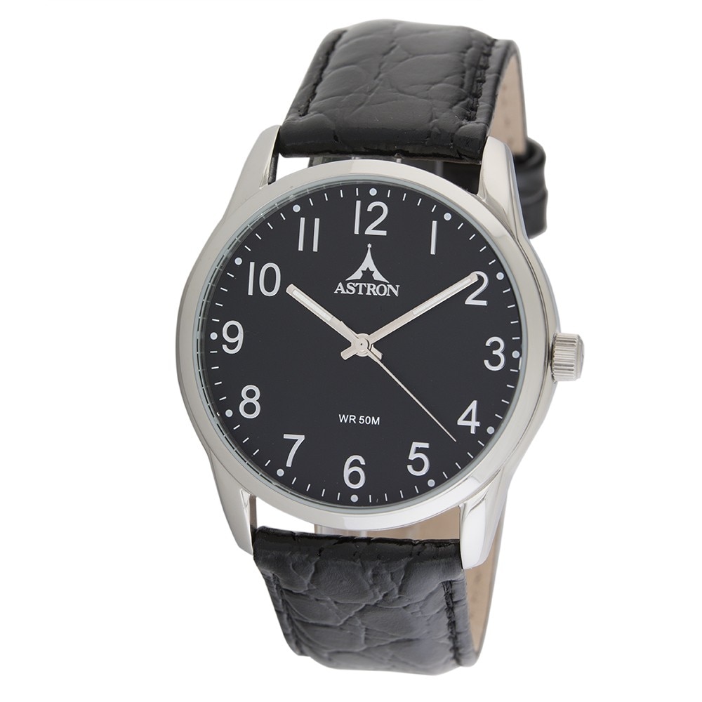 Ceas barbatesc, ASTRON, Analog, Casual, Quartz, Negru, Argintiu, Inox, curea din Piele naturala, dimensiune carcasa 3.9 cm