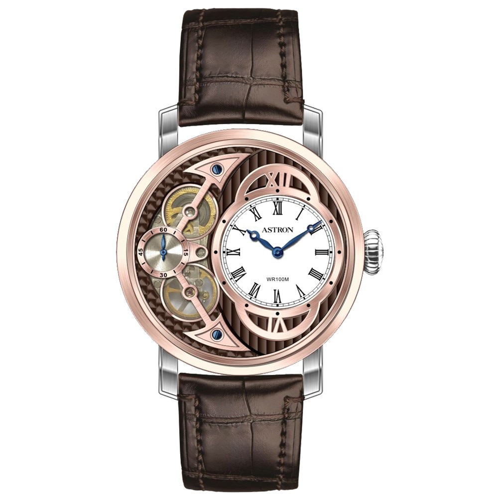 Ceas barbatesc, ASTRON, Analog, Casual, Quartz, Maro, Bicolor, Inox, curea din Piele naturala, dimensiune carcasa 4.8 cm