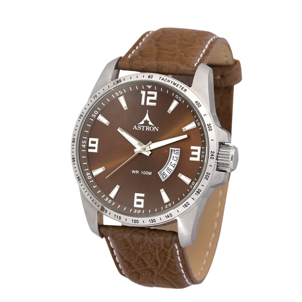 Ceas barbatesc, ASTRON, Analog, Casual, Quartz, Maro, Negru, Inox, curea din Piele naturala, dimensiune carcasa 4.6 cm