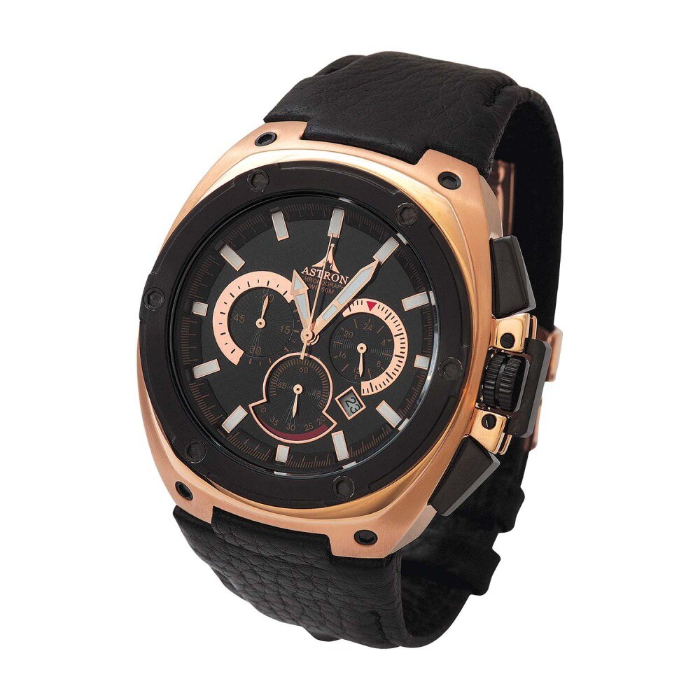 Ceas barbatesc, ASTRON, Analog, Casual, Quartz, Negru, Rosegold, Inox, curea din Piele naturala, dimensiune carcasa 4.5 cm