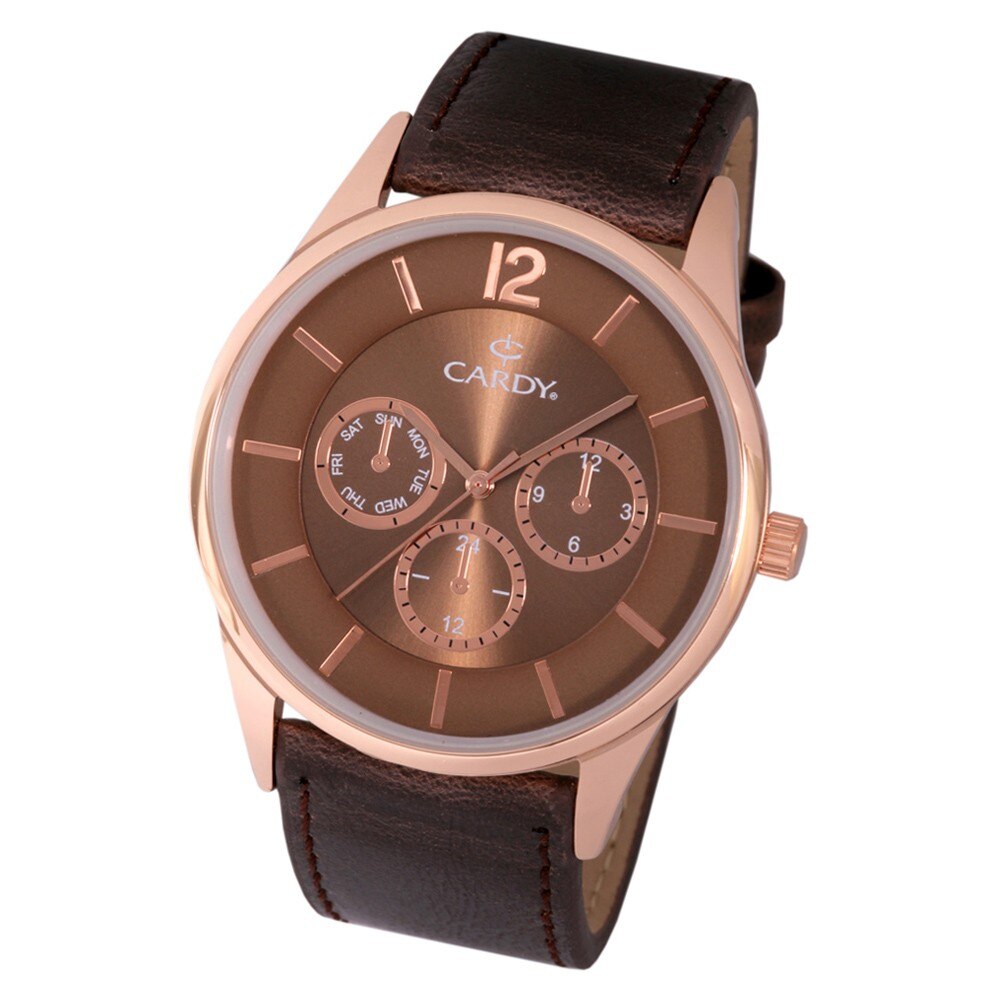 Ceas barbatesc, CARDY, Analog, Casual, Quartz, Maro, Rosegold, Aliaj, curea din Piele ecologica, dimensiune carcasa 4.4 cm