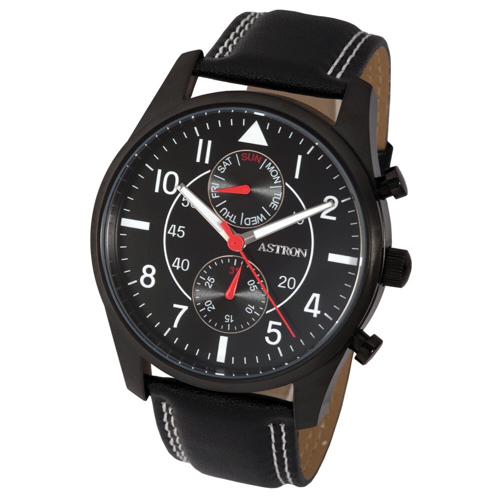 Ceas barbatesc, ASTRON, Analog, Casual, Quartz, Negru, Negru, Inox, curea din Piele naturala,Rotunda, dimenisune carcasa 4.6 cm