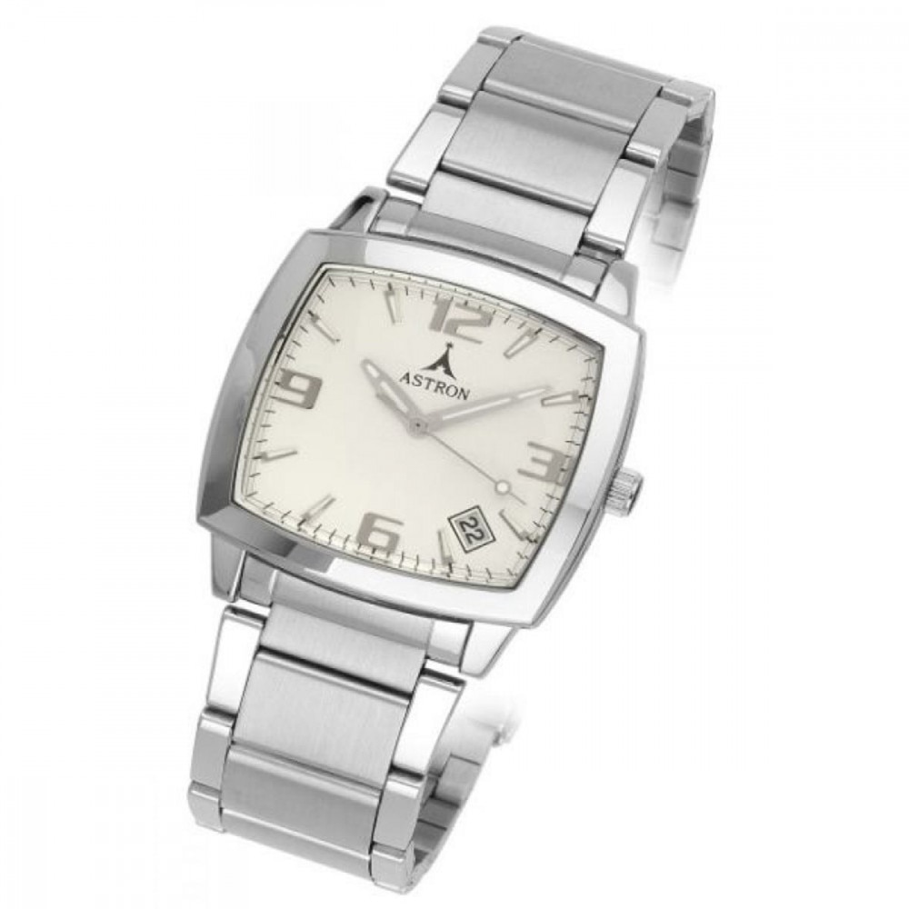 Ceas barbatesc, ASTRON, Analog, Casual, Quartz, Alb, Argintiu, Inox, curea din Inox,Patrata, dimensiune carcasa 4 cm