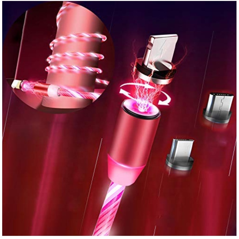 Cablu Magnetic Luminat ROSU de incarcare cu Flux Luminos iPhone, USB Type C si MicroUSB, 3 Conectori SFDSRO