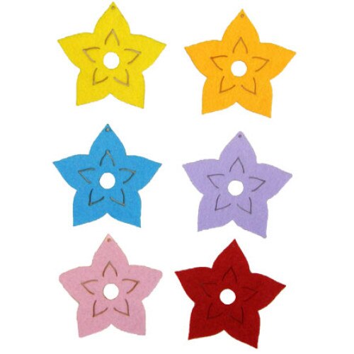 Set 6 figurine din fetru - flori colorate cu 5 petale, 6 cm, W2655