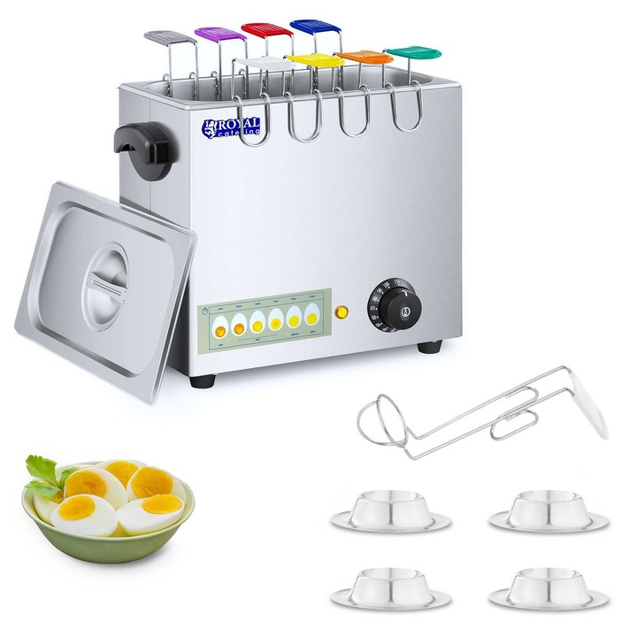 Aparat de fiert oua Royal Catering RCEB-8T, 2600W, 8 oua, inox, 30x23,8x15cm, set cu 8 suporturi pentru oua
