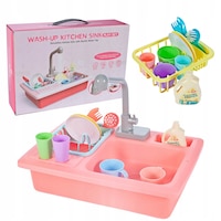 Accesorii Bucatarie Copii, WASH-UP KITCHEN SINK, Chiuveta cu Vesela si Apa la Robinet, Roz