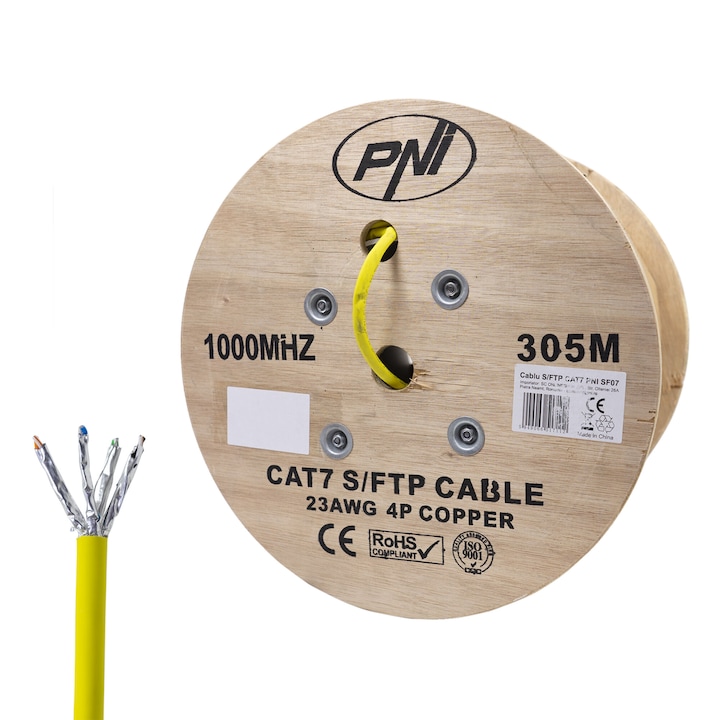Cablu S/FTP CAT7 PNI SF07 pentru internet 1 Gigabit si sisteme de supraveghere Rola 305m, cupru