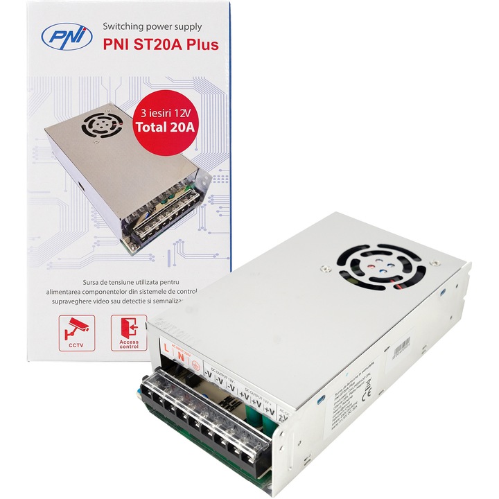 Sursa de tensiune in comutatie PNI ST20A Plus, 12V, 20A, stabilizata pentru sisteme de supraveghere