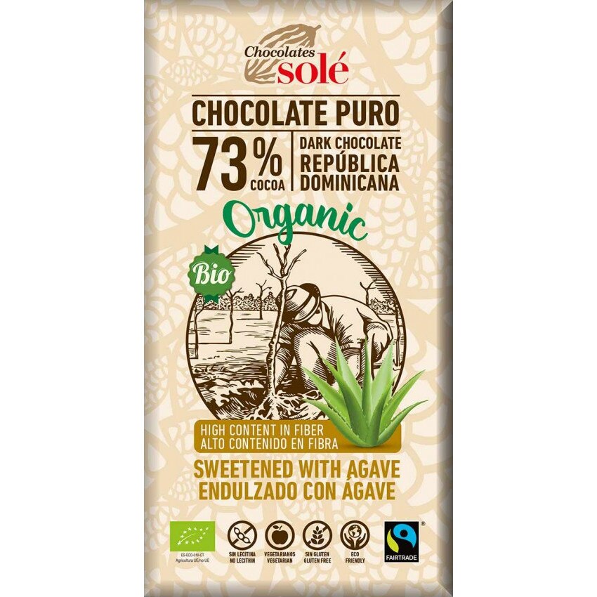 Ciocolata neagra BIO cu sirop de agave, 73% cacao, Chocolates Sole 100g