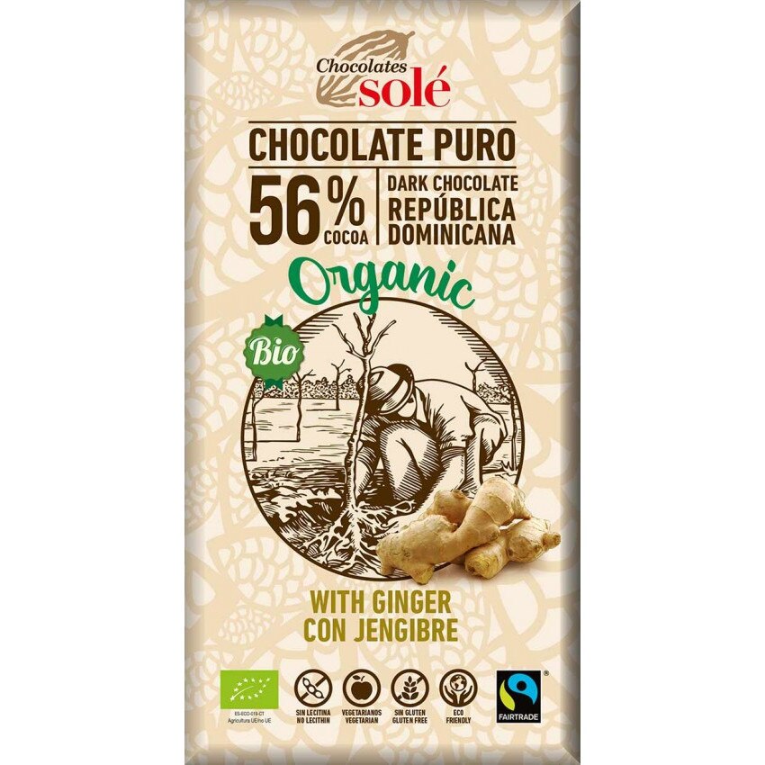 Ciocolata neagra BIO cu ghimbir, 56% cacao, Chocolates Sole 100g