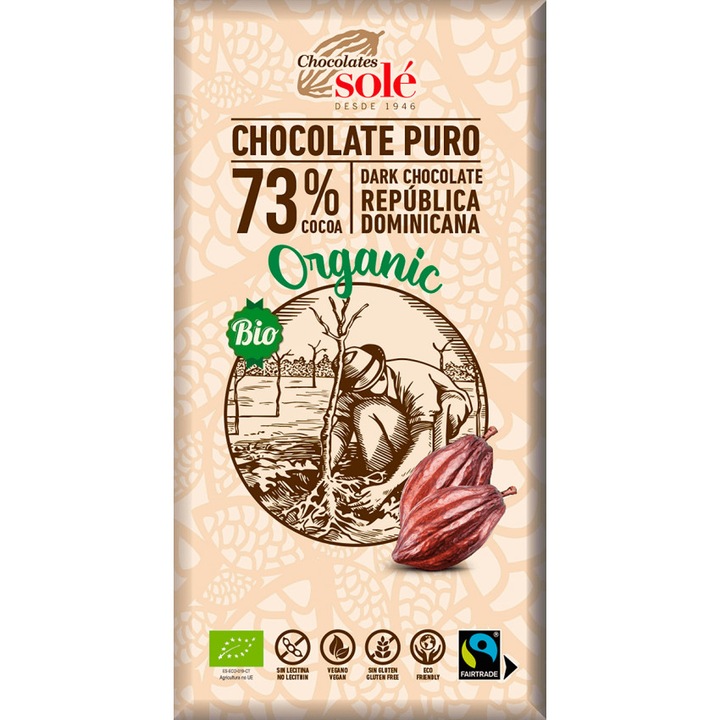 Ciocolata neagra,73% cacao, bio, Chocolates Sole 100g