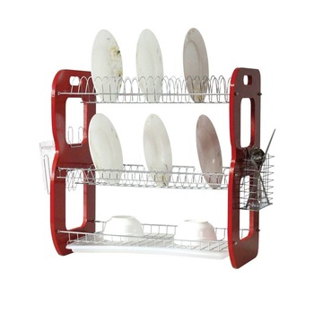 Suport pentru uscare vase cu 3 etaje, Elekom EK-6163, Crom/Lemn, Raft pentru ustensile, Suport pentru pahare, Tava, 51 x 50 x 23 cm, Crom/Maro Suport pentru uscare vase cu 3 etaje, Elekom EK-6163, Crom/Lemn, Raft pentru ustensile, Suport pentru pahare, Tava, 51 x 50 x 23 cm, Crom/Maro