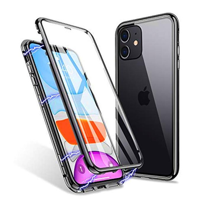 Твърд кейс bSmart магнитен алуминиев 360 градуса + предно стъкло - iPhone 11 Pro Max (6.5), Черен