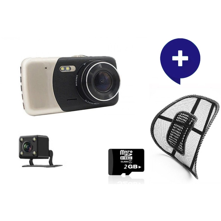 Комплект Видеорегистратор , XINLAIDA, с 4 инчов дисплей, HD1080P + камера за задно виждане+ SD карта 16 GB Kingston, Черен + Анатомична облегалка Lumbar Support + комфорт